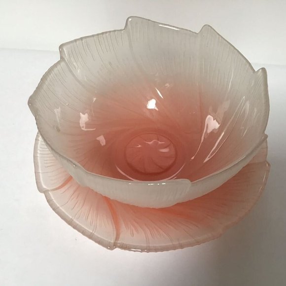 Vintage Pink Lotus Identification Art Glass Tea Bowl W/ Saucer - Picture 3 of 8